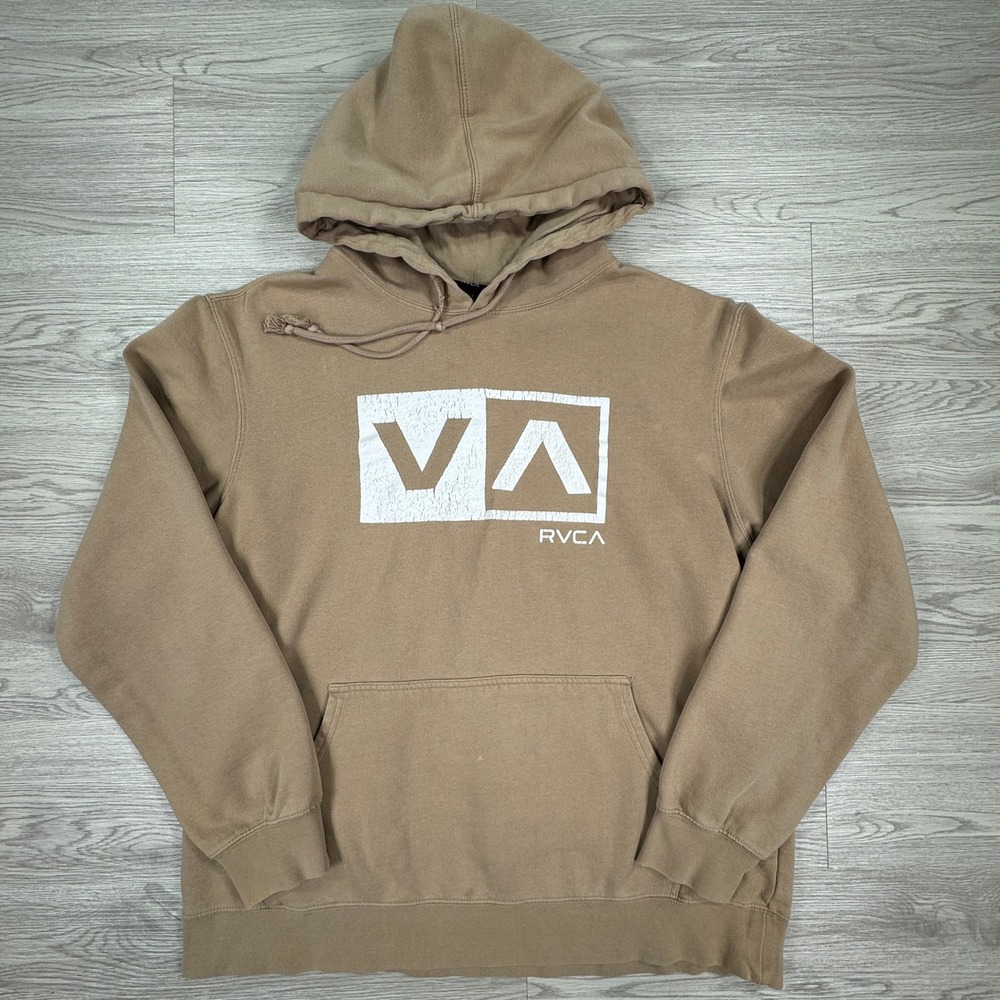 RVCA Men's Hoodie Pullover Logo Graphic Fleece Tan Brown Large Skate Surf Pocket